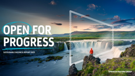 Sustainable Business Report 2023 cover. A person in walking clothes standing on a rock, facing a waterfall with mountains in the background. Graphic of a square superimposed over landscape imagery.