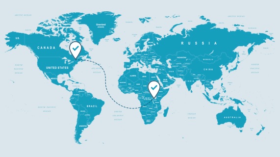 A world map with markers in Canada and Africa joint by a dotted line