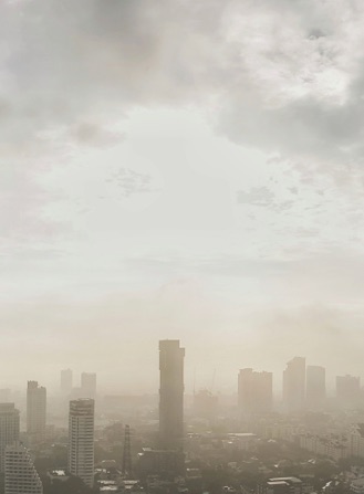 A hazed view of a city skyline
