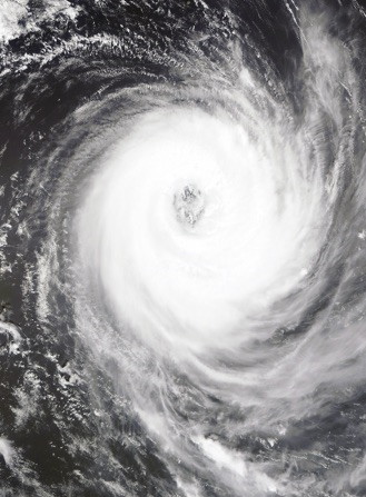 A top down view of a storm, typically seen in a weather report